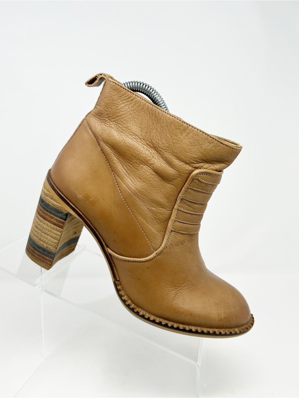 Free People Western Ankle Booties Brown Pull-On Stacked Block Heel Size 38